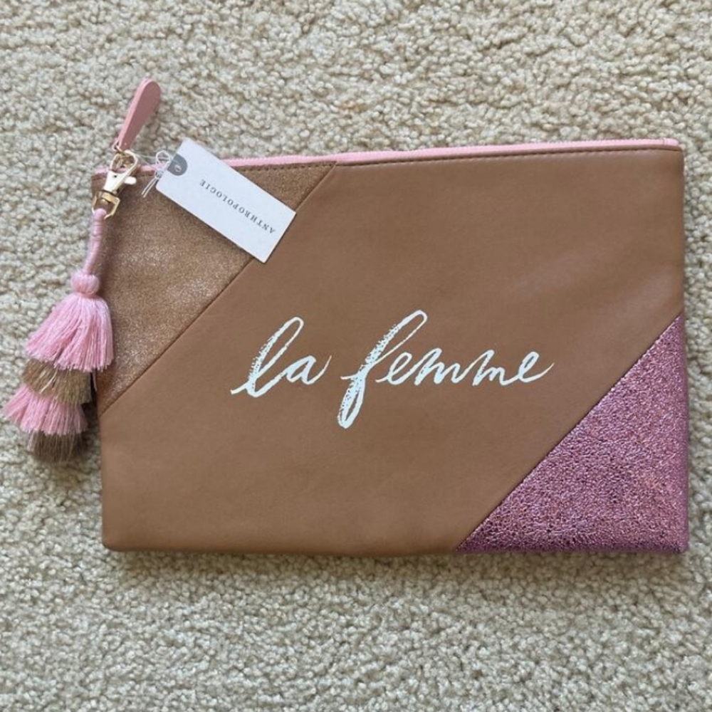 NWT Anthropology La Femme Tassle Clutch LEATHER Cocoa Glitter